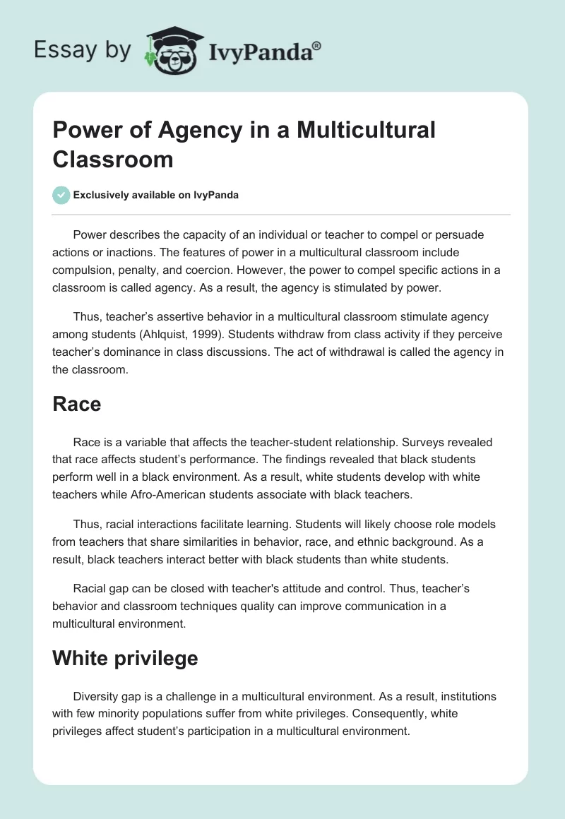 Power of Agency in a Multicultural Classroom. Page 1