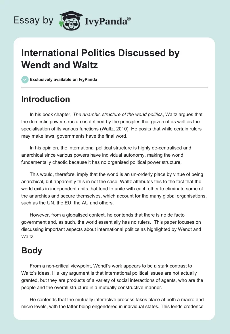 International Politics Discussed by Wendt and Waltz. Page 1