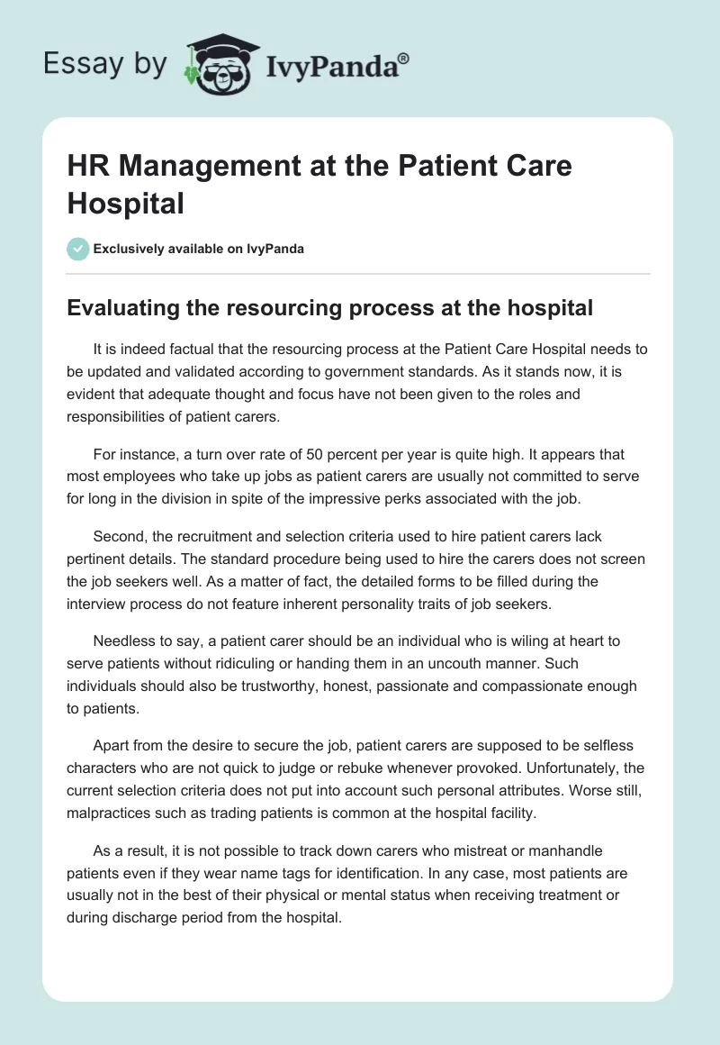 HR Management at the Patient Care Hospital. Page 1