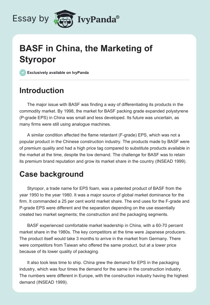 BASF in China, the Marketing of Styropor. Page 1