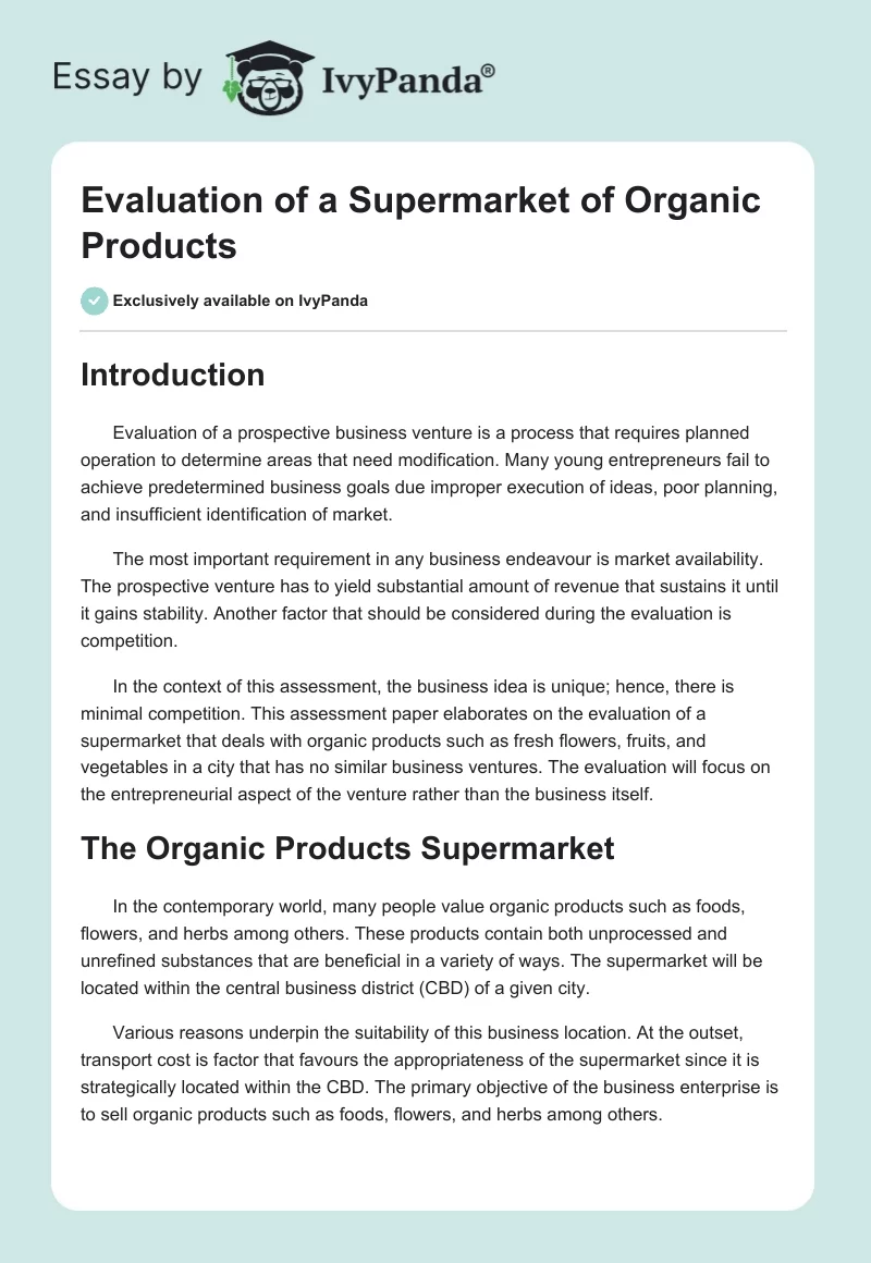 Evaluation of a Supermarket of Organic Products. Page 1