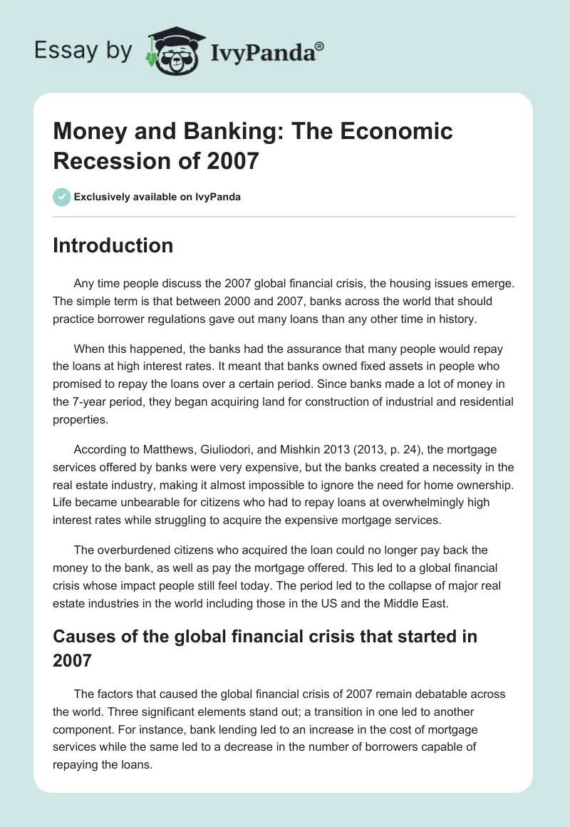 Money and Banking: The Economic Recession of 2007. Page 1