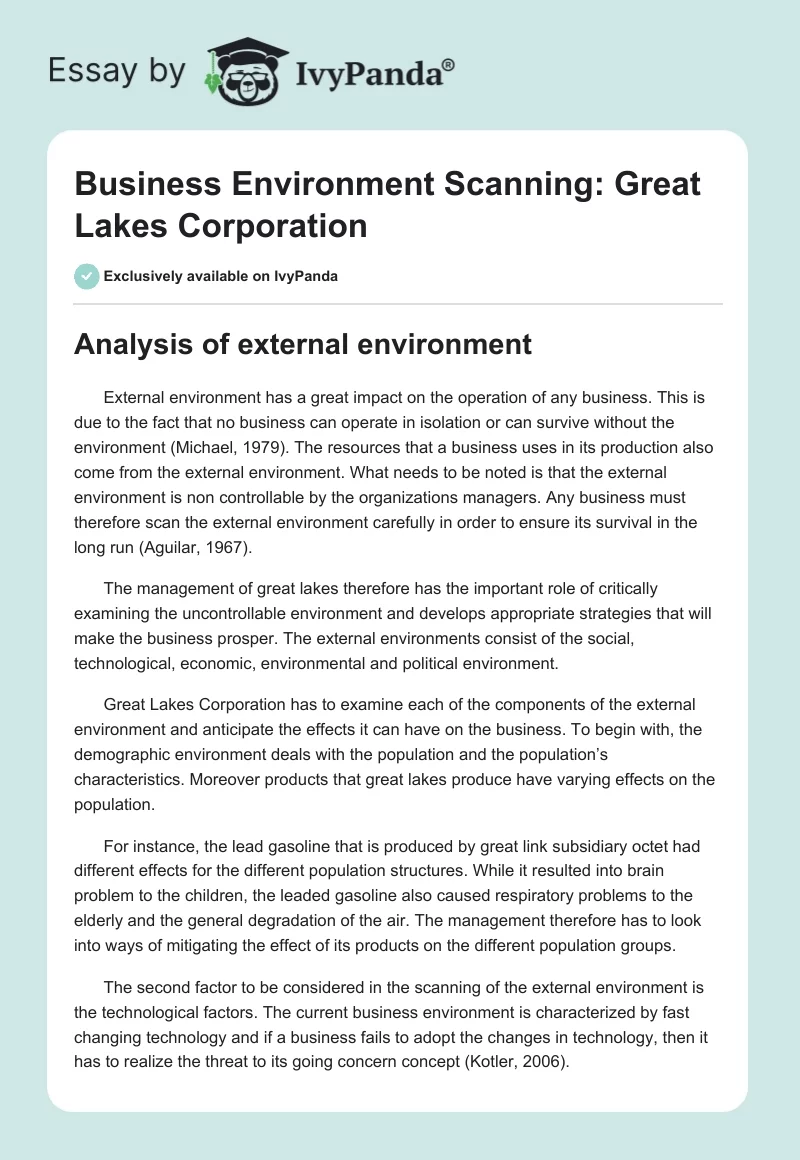 Business Environment Scanning: Great Lakes Corporation. Page 1