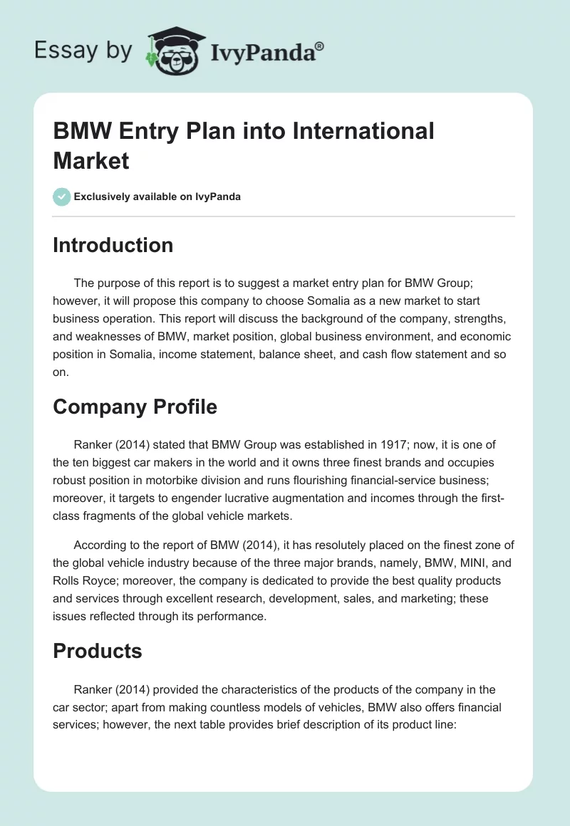 BMW Entry Plan into International Market. Page 1