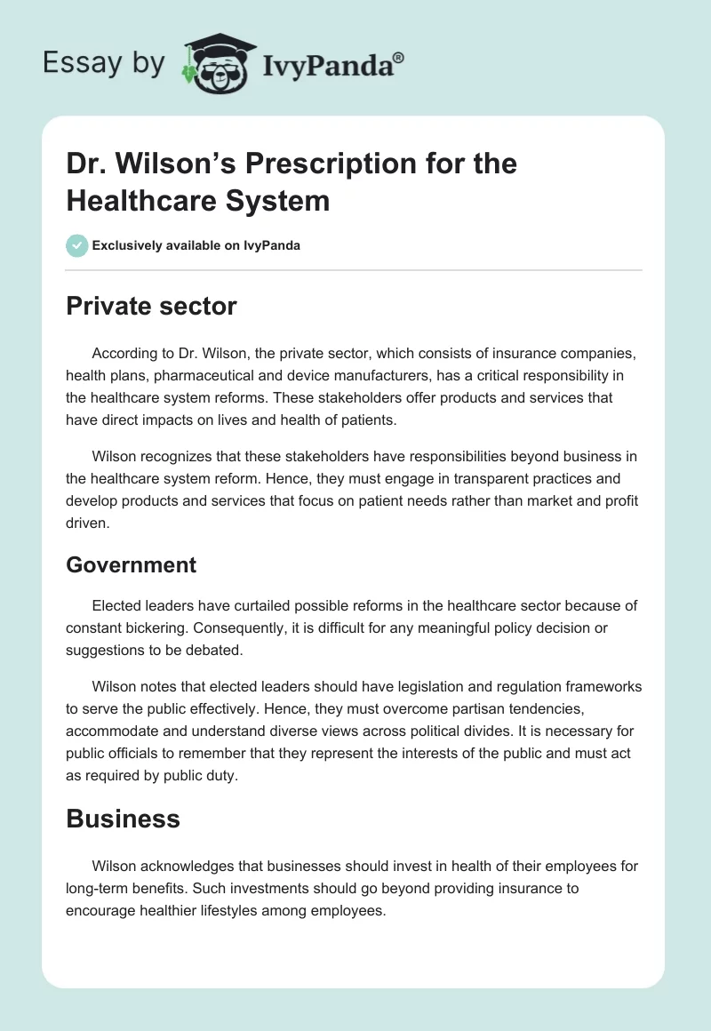 Dr. Wilson’s Prescription for the Healthcare System. Page 1