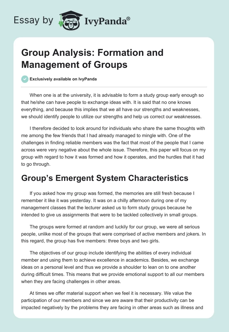 Group Analysis: Formation and Management of Groups. Page 1