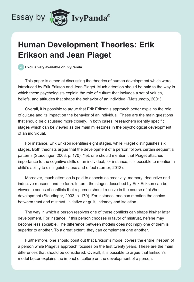 Human Development Theories: Erik Erikson and Jean Piaget. Page 1