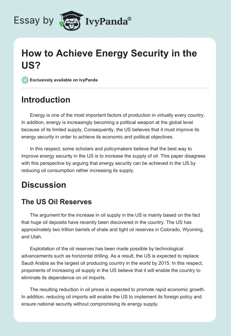 How to Achieve Energy Security in the US?. Page 1