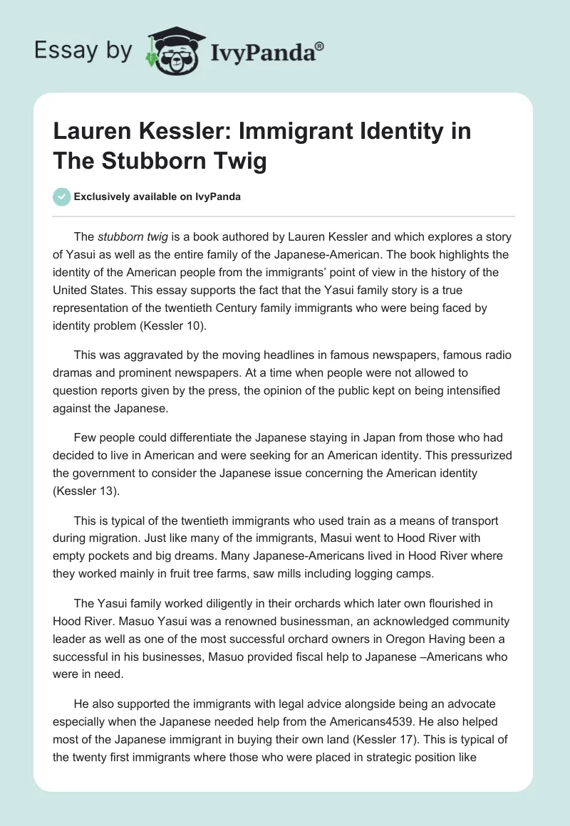 Lauren Kessler: Immigrant Identity in "The Stubborn Twig". Page 1