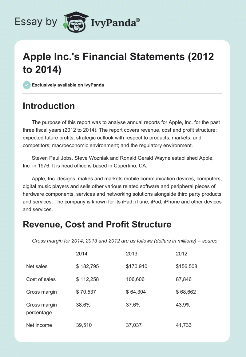Apple Inc.'s Financial Statements (2012 to 2014). Page 1