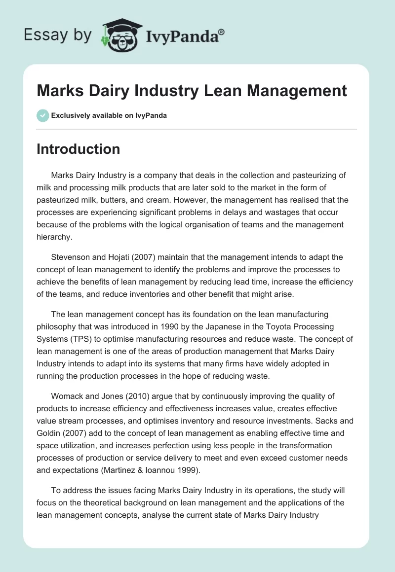 Marks Dairy Industry Lean Management. Page 1
