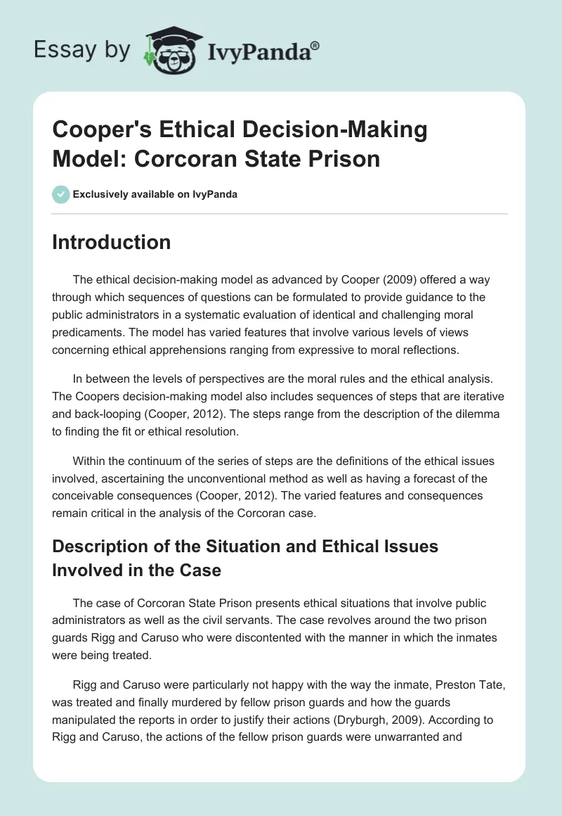 Cooper's Ethical Decision-Making Model: Corcoran State Prison. Page 1