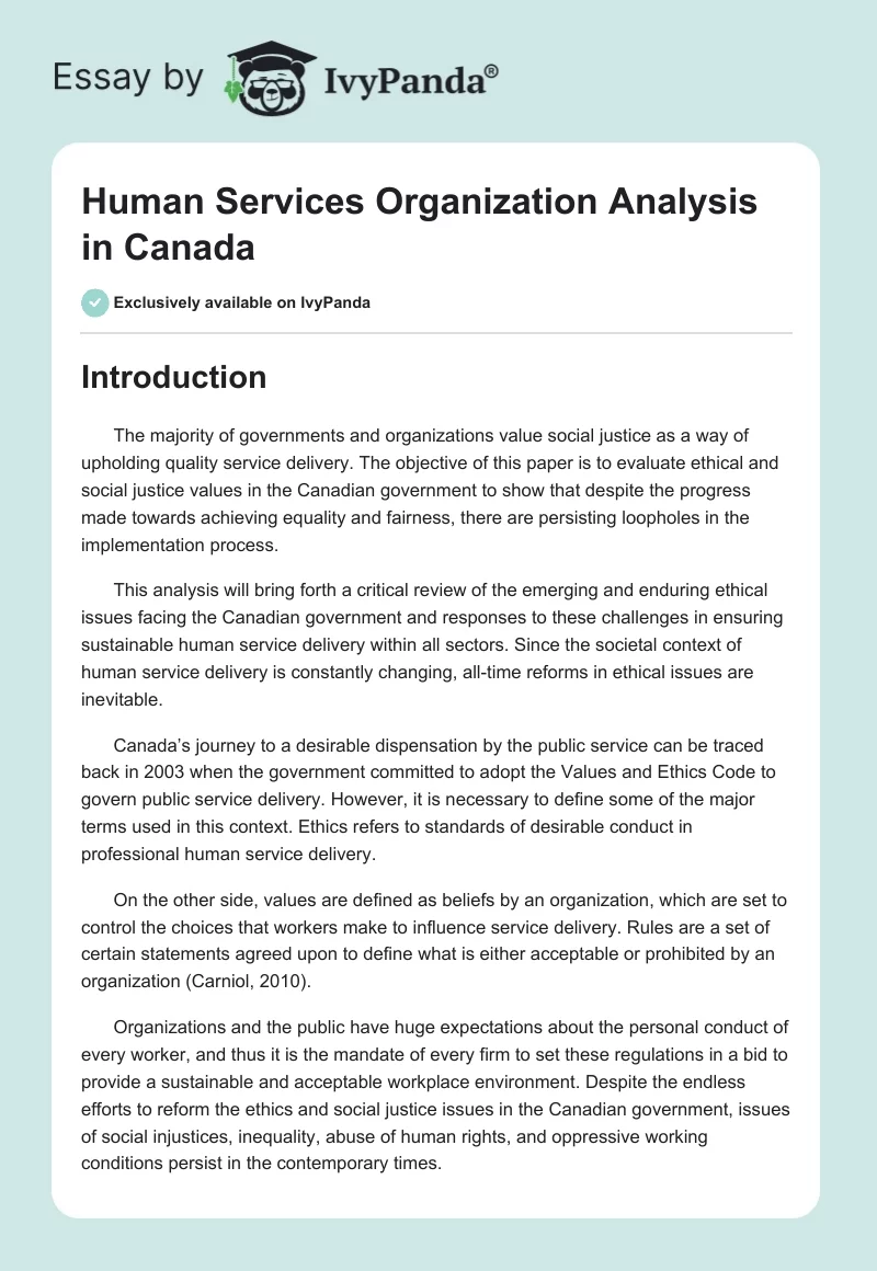 Human Services Organization Analysis in Canada. Page 1