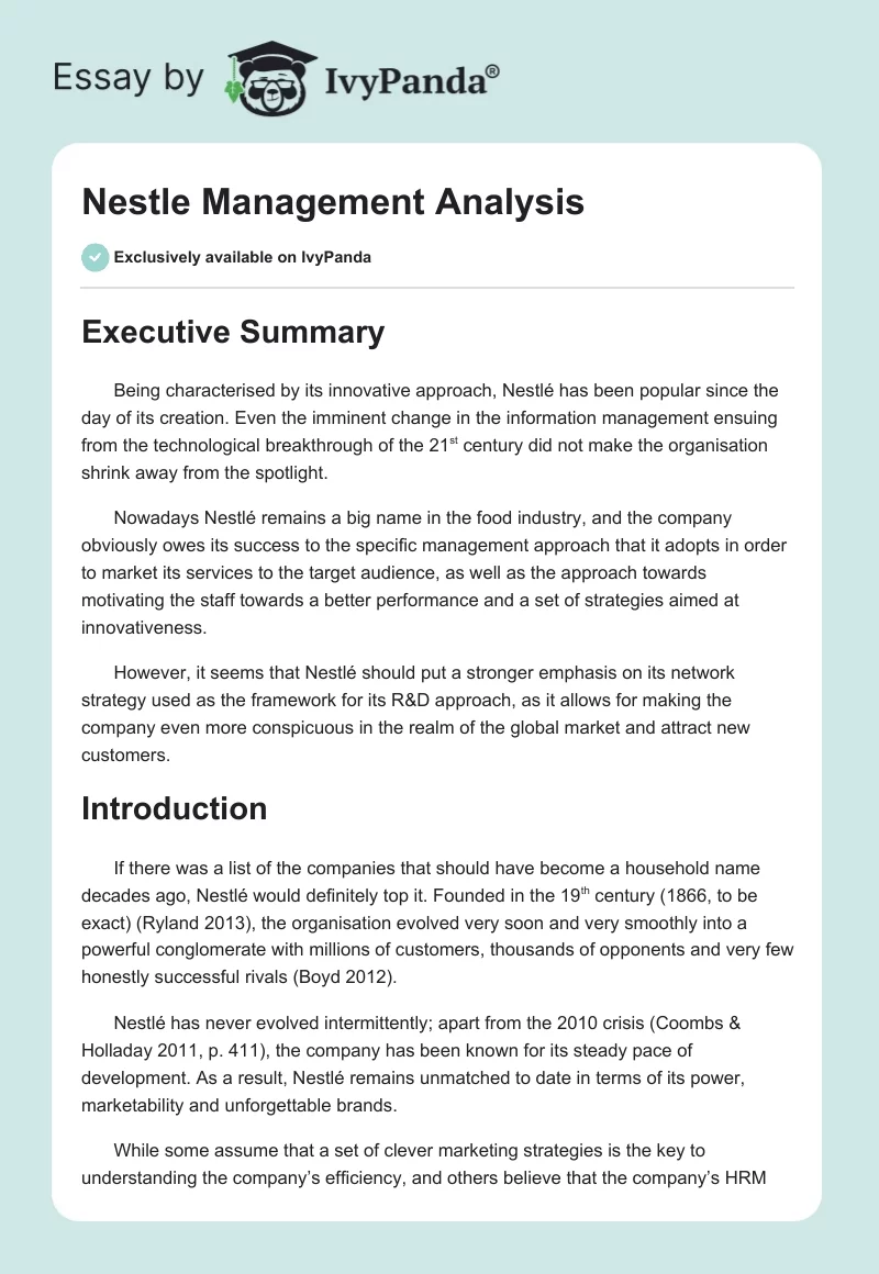 Nestle Management Functions & Structure: Analysis Report. Page 1