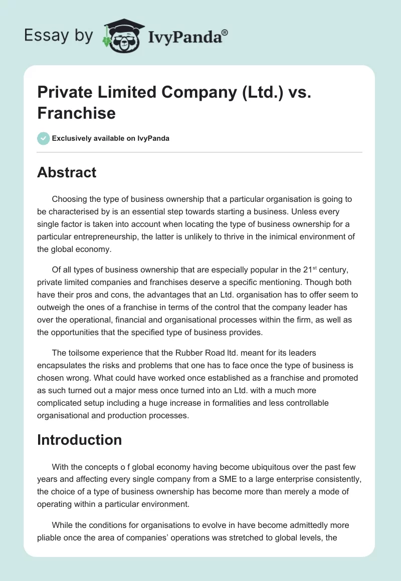 Private Limited Company (Ltd.) vs. Franchise. Page 1