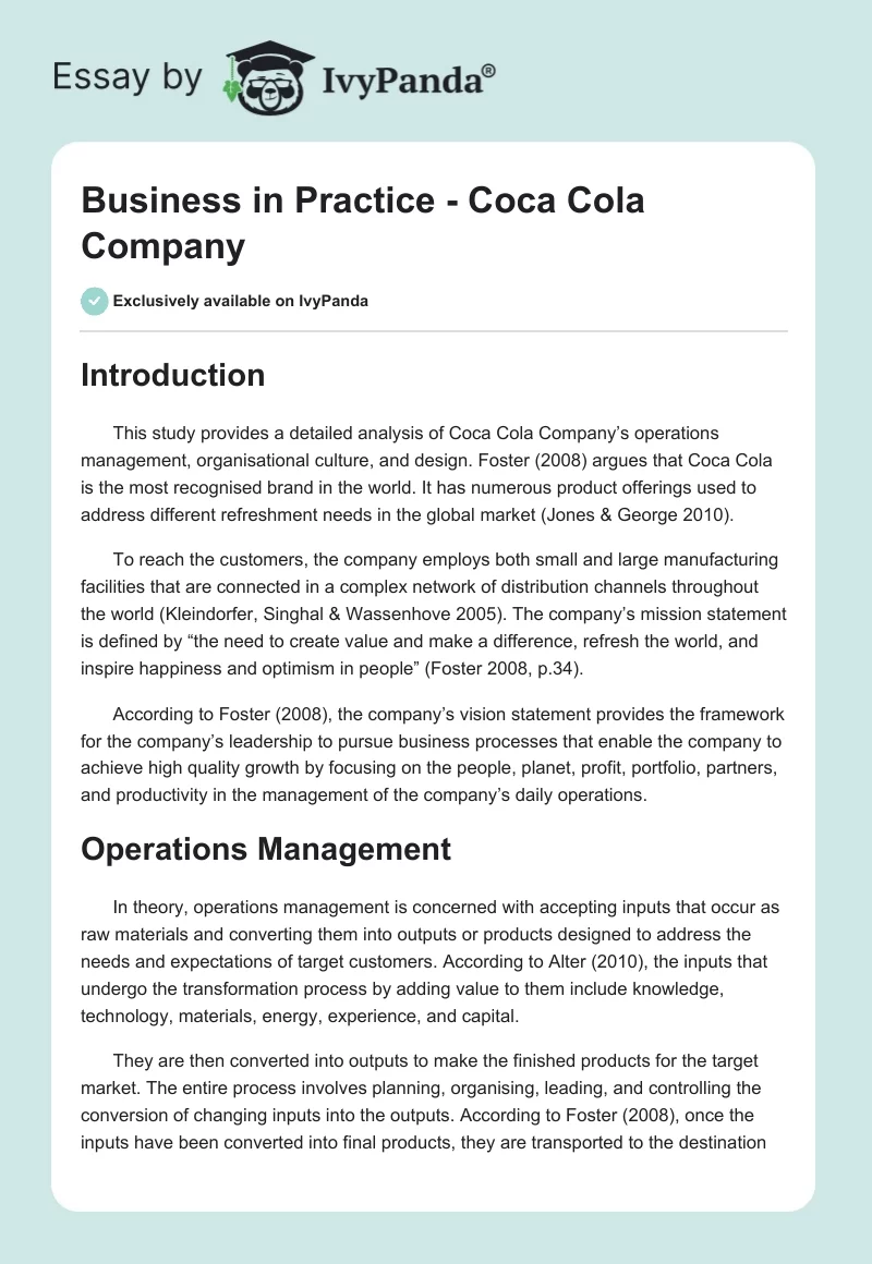 Business in Practice - Coca Cola Company. Page 1