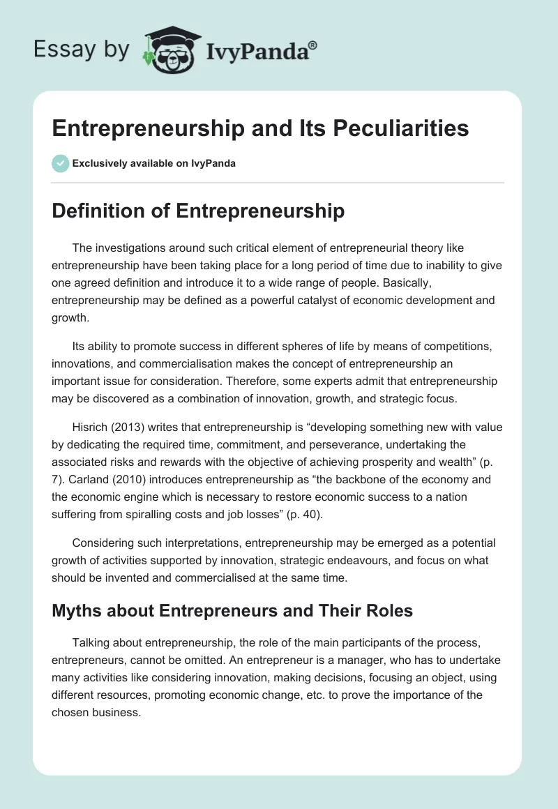 Entrepreneurship and Its Peculiarities. Page 1