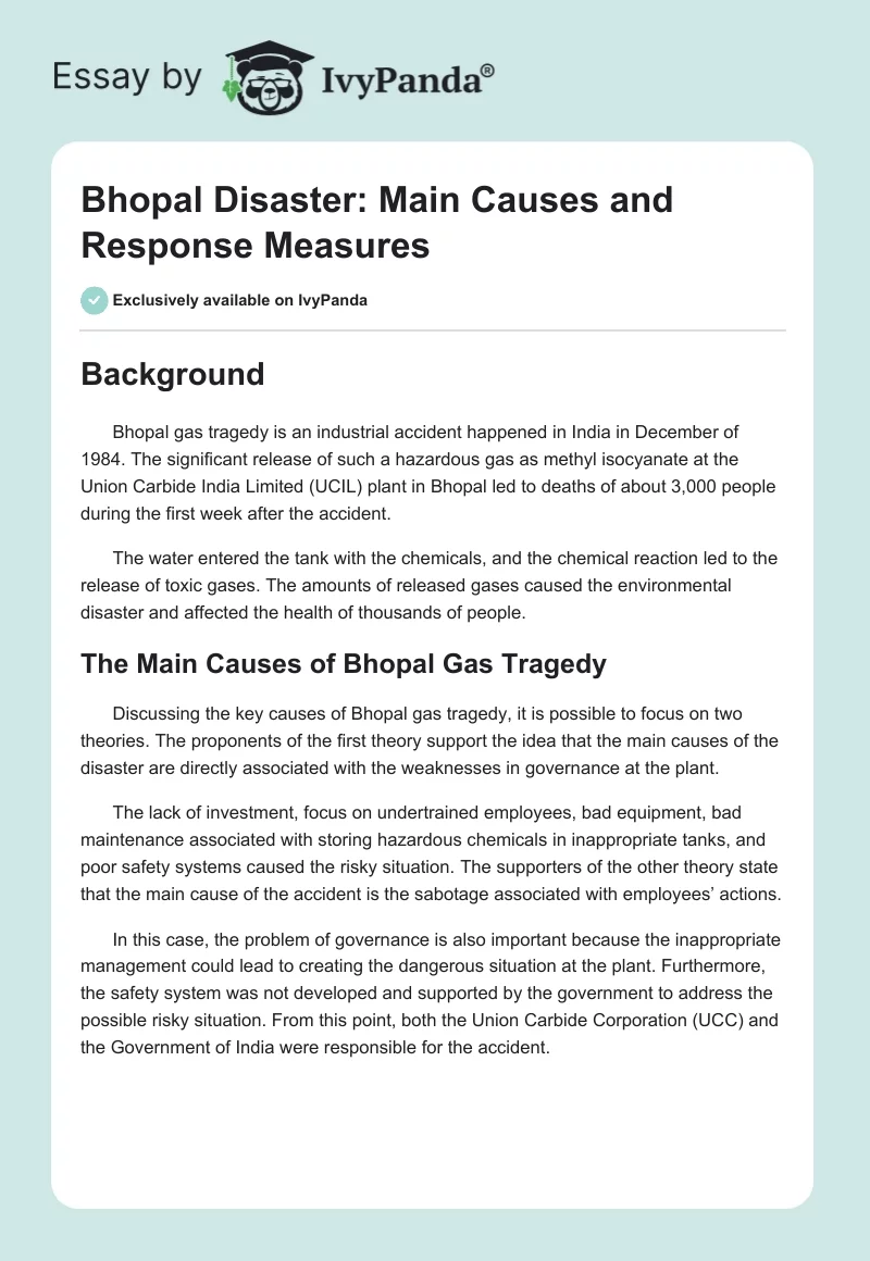 Bhopal Disaster: Main Causes and Response Measures. Page 1