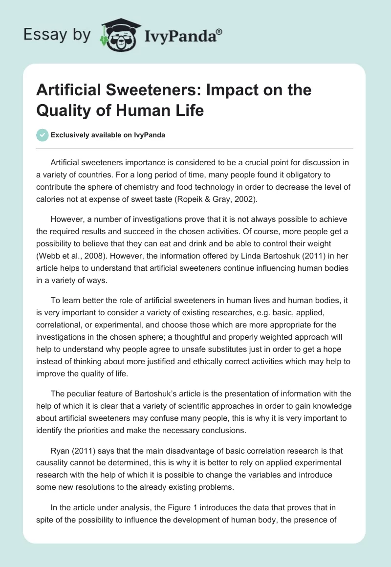 Artificial Sweeteners: Impact on the Quality of Human Life. Page 1
