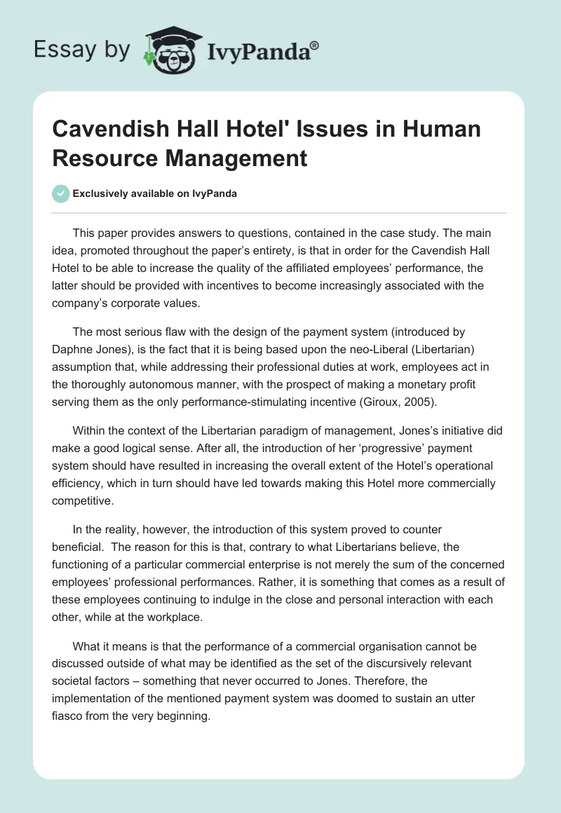 Cavendish Hall Hotel' Issues in Human Resource Management. Page 1