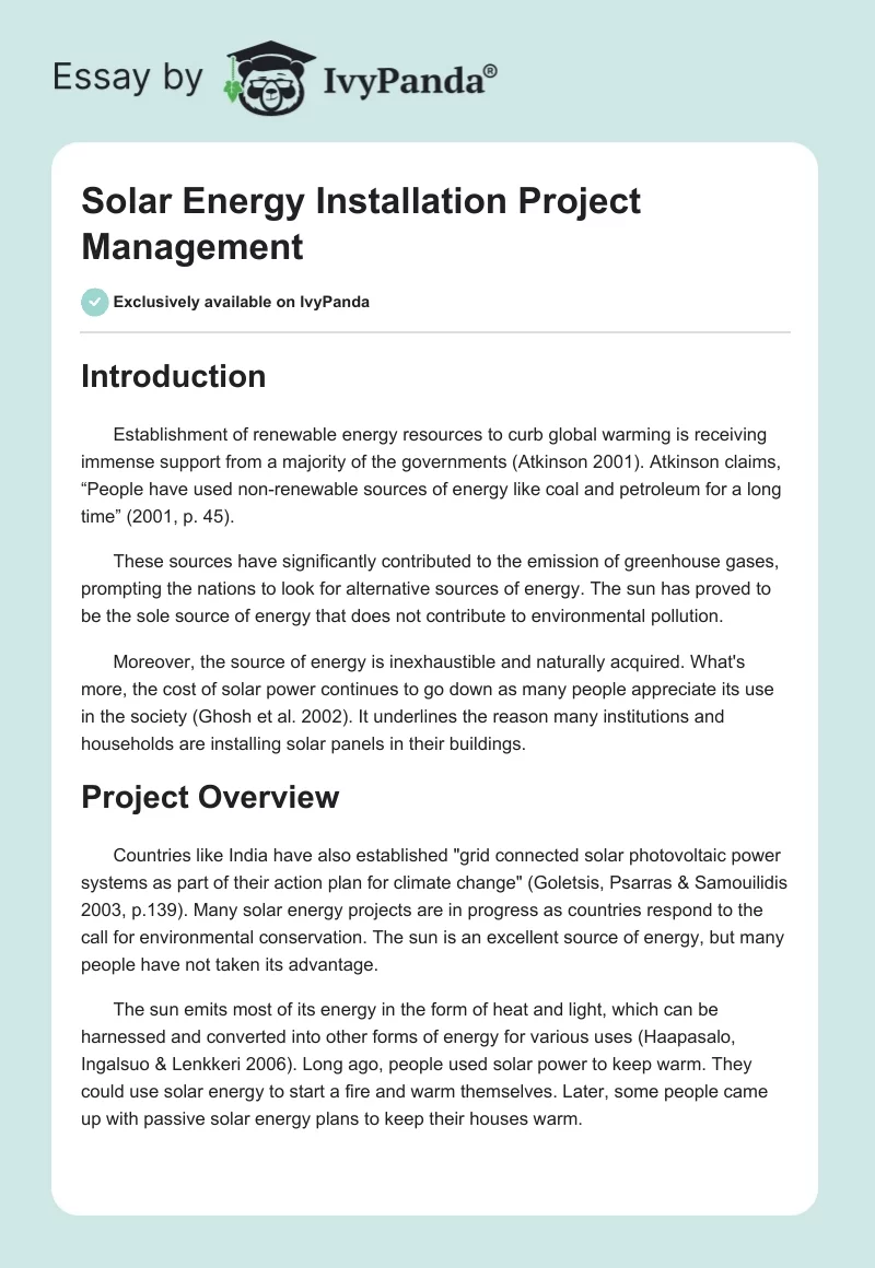 Solar Energy Installation Project Management. Page 1