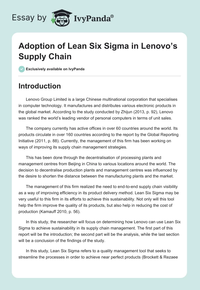 Adoption of Lean Six Sigma in Lenovo’s Supply Chain. Page 1