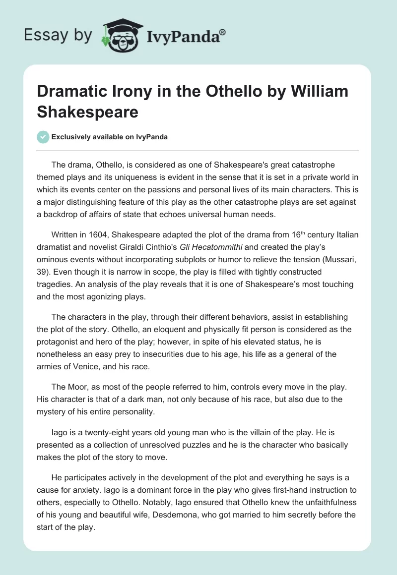 Dramatic Irony in the "Othello" by William Shakespeare. Page 1