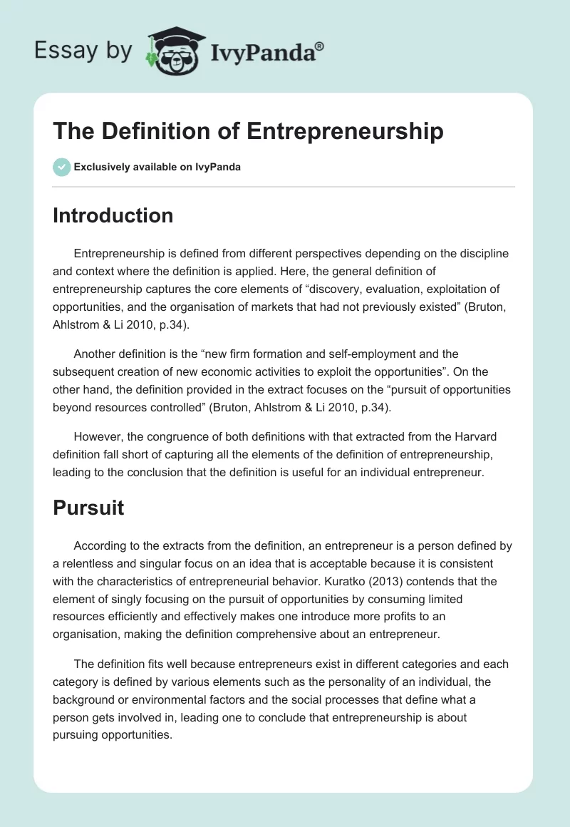 The Definition of Entrepreneurship. Page 1