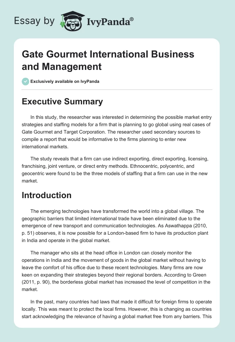 Gate Gourmet International Business and Management. Page 1