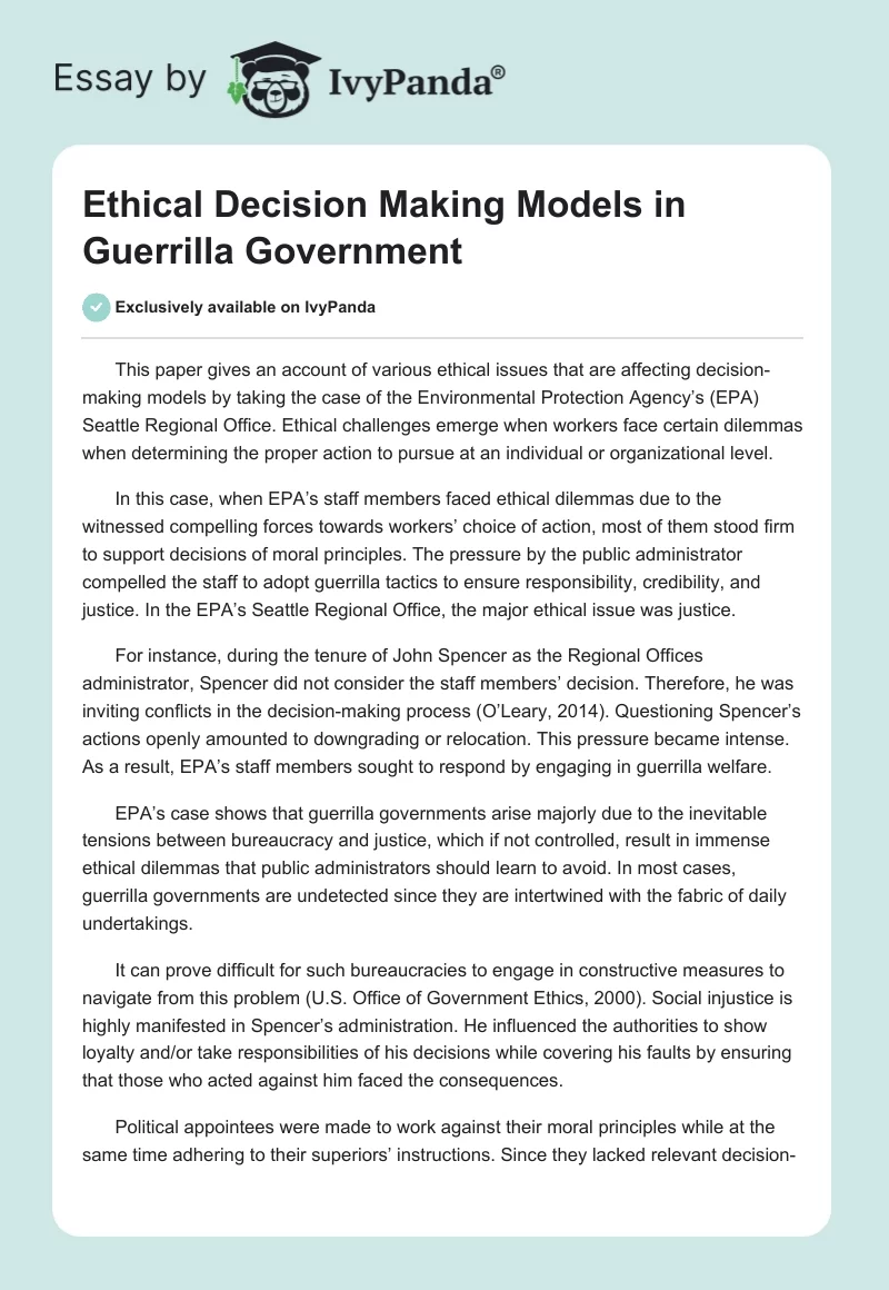 Ethical Decision Making Models in Guerrilla Government. Page 1