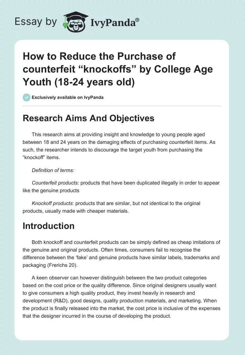 How to Reduce the Purchase of Counterfeit “Knockoffs” by College Age Youth (18-24 Years Old). Page 1