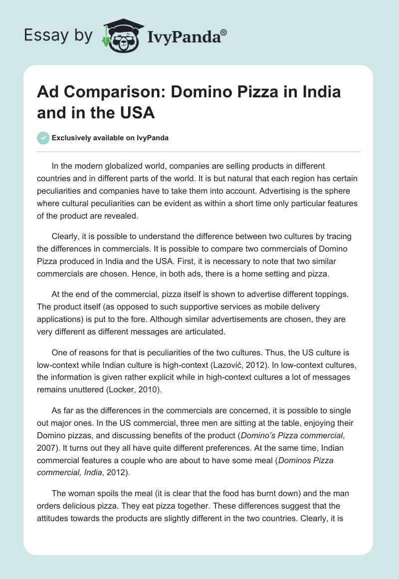 Ad Comparison: Domino Pizza in India and in the USA. Page 1