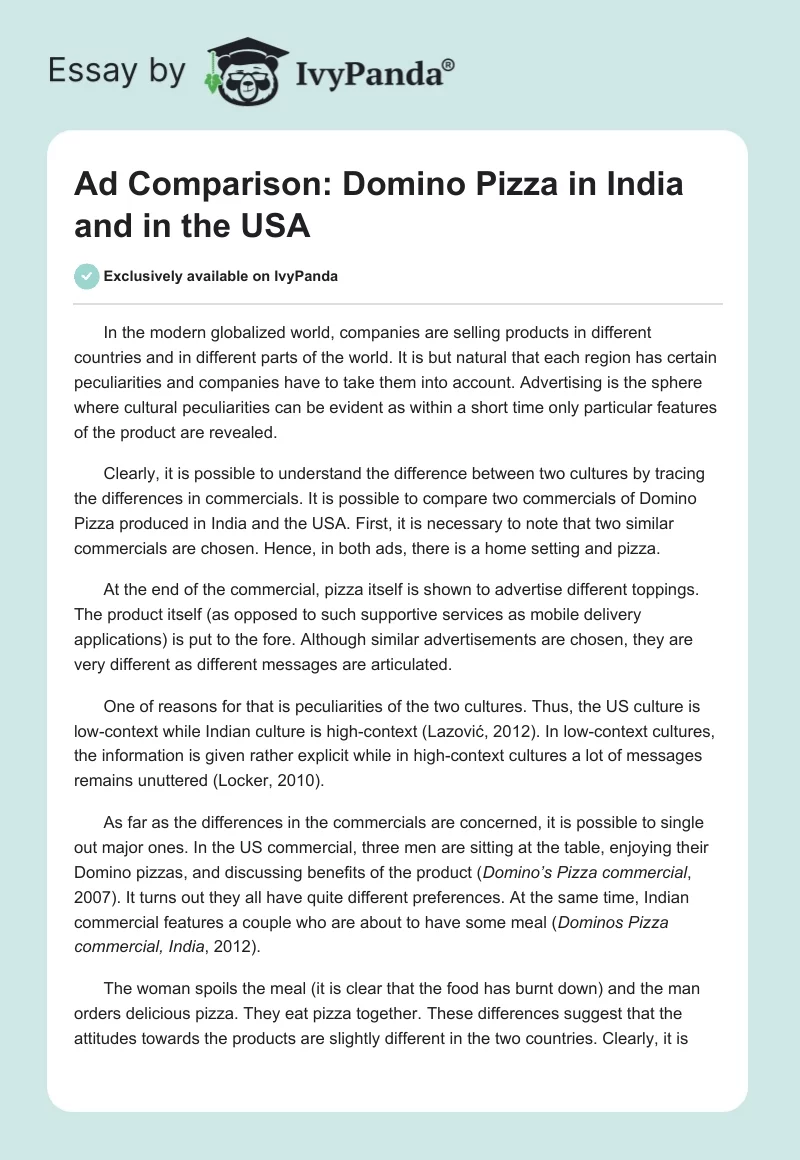 Ad Comparison: Domino Pizza in India and in the USA - 565 Words | Essay ...