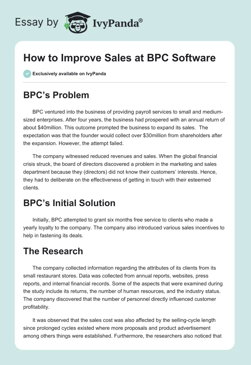 How to Improve Sales at BPC Software. Page 1