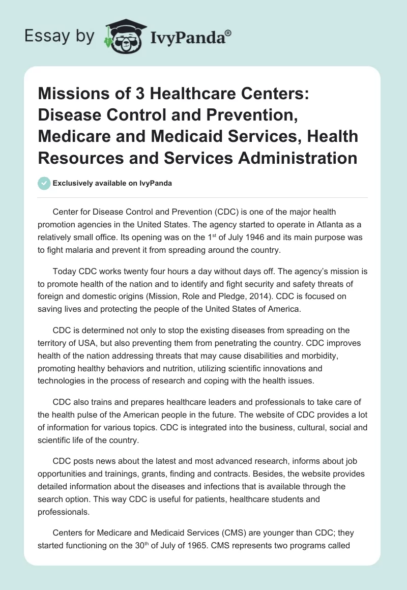 Missions of 3 Healthcare Centers: Disease Control and Prevention, Medicare and Medicaid Services, Health Resources and Services Administration. Page 1