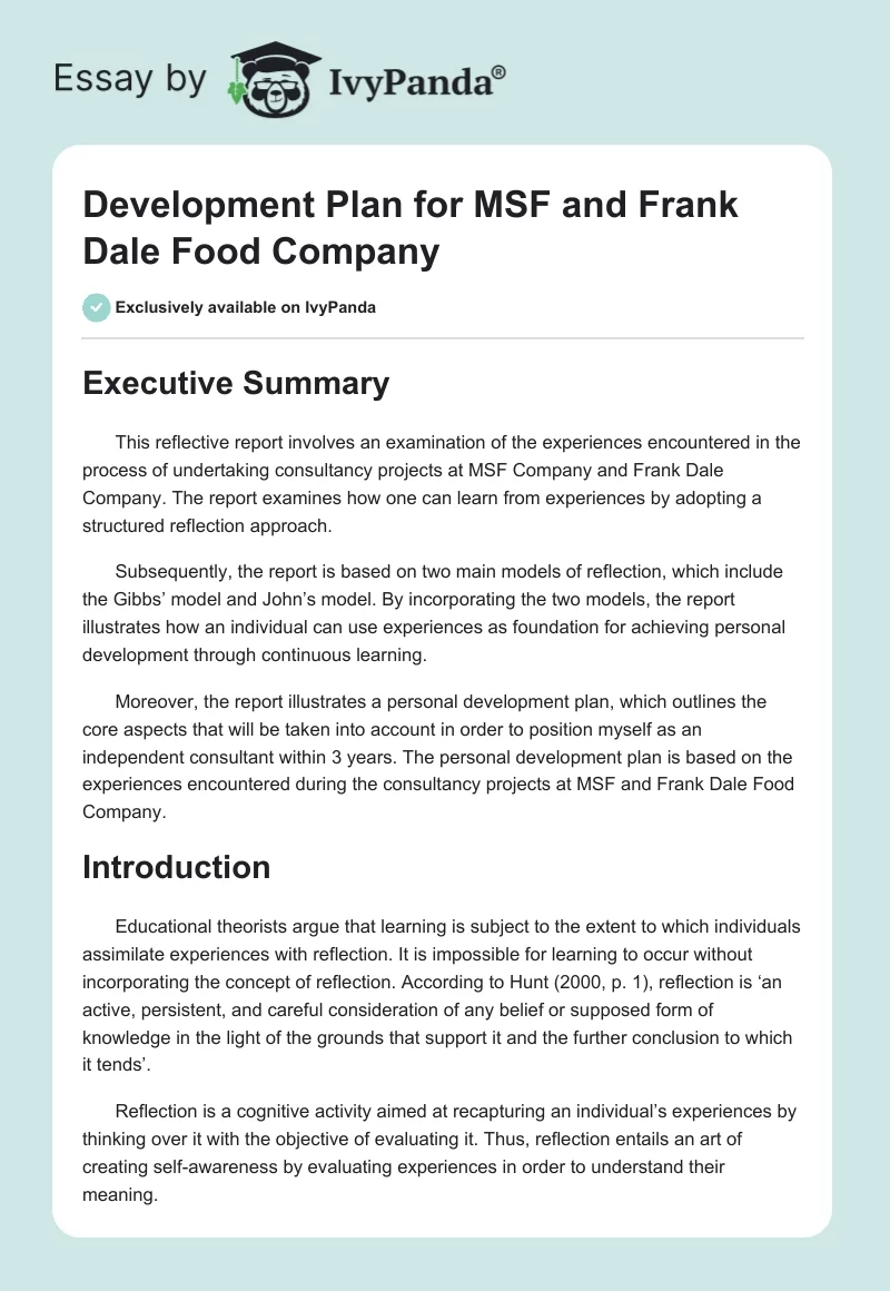 Development Plan for MSF and Frank Dale Food Company. Page 1