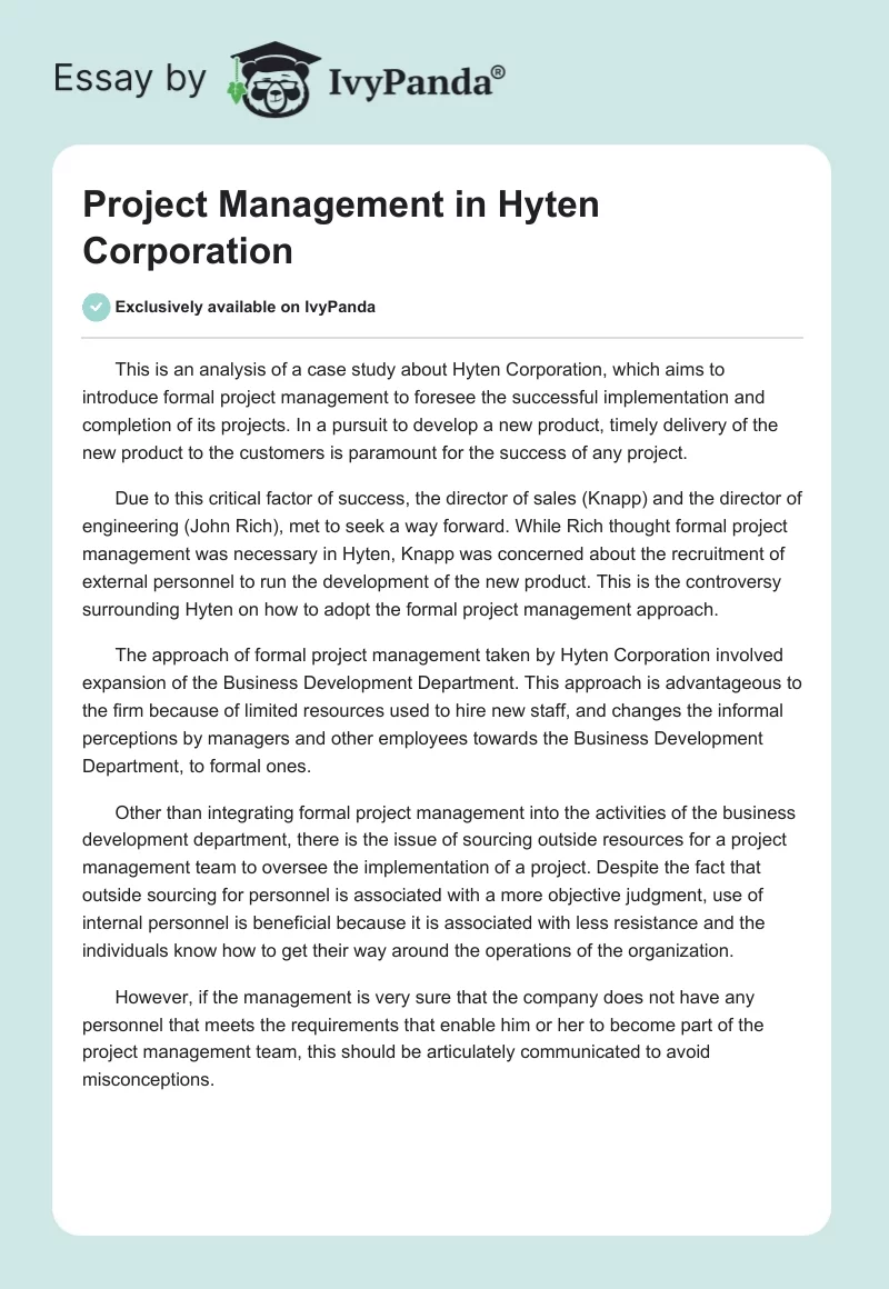 Project Management in Hyten Corporation. Page 1