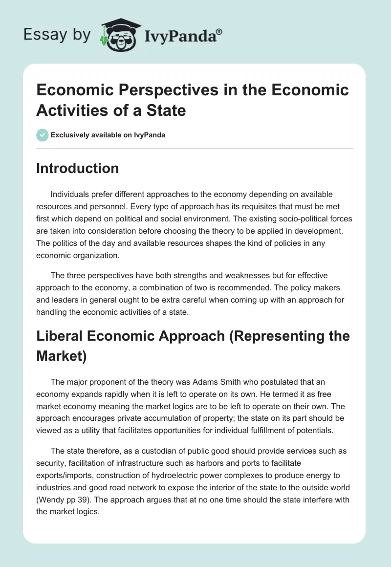 Economic Perspectives in the Economic Activities of a State. Page 1