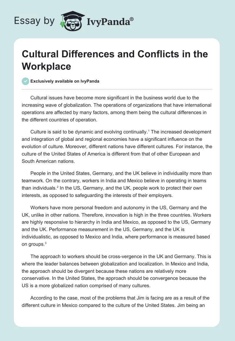 Cultural Differences and Conflicts in the Workplace. Page 1