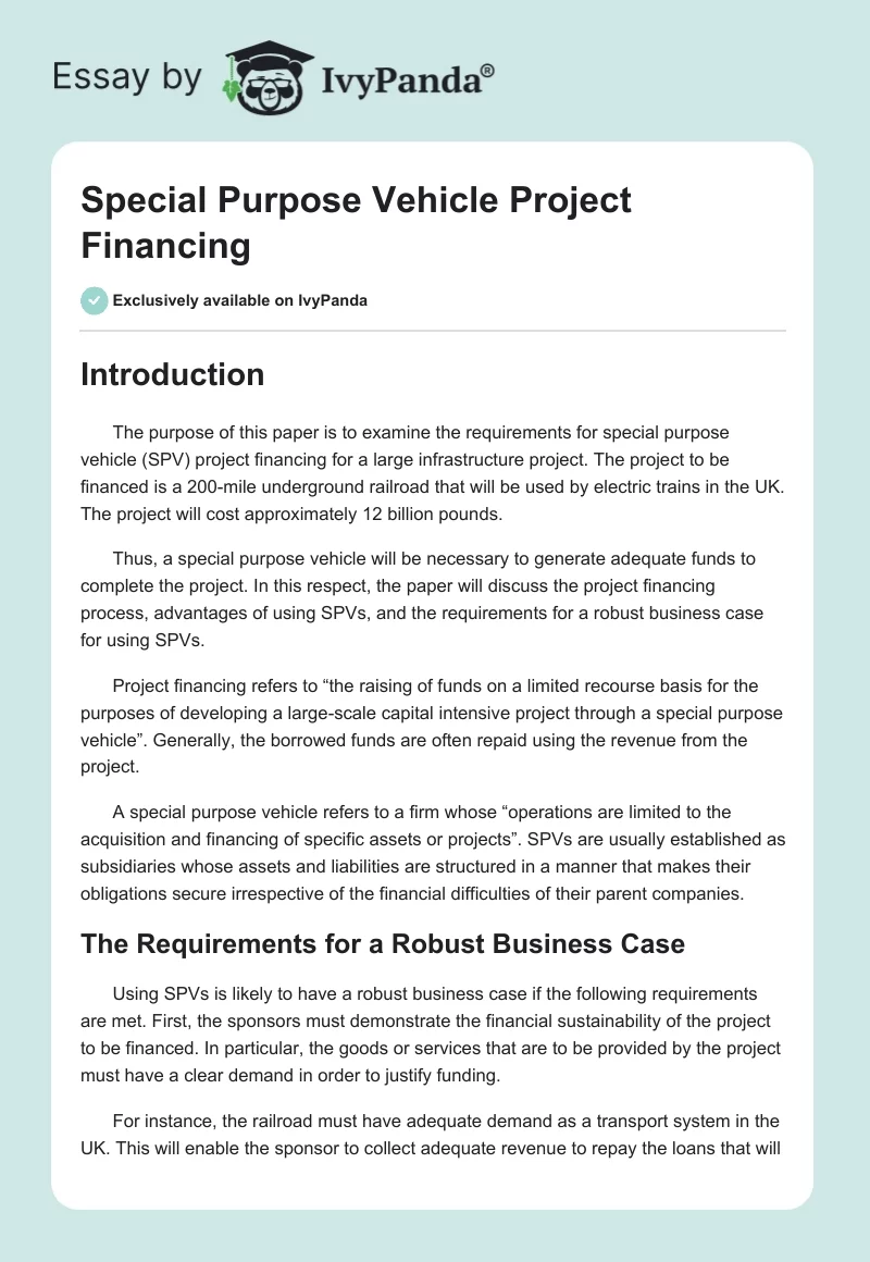 Special Purpose Vehicle Project Financing. Page 1