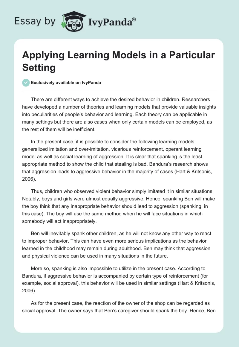 Applying Learning Models in a Particular Setting. Page 1