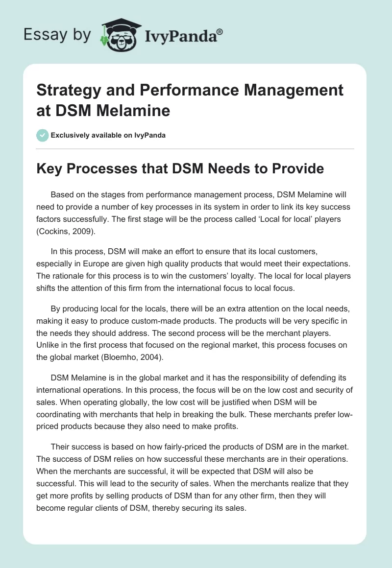 Strategy and Performance Management at DSM Melamine. Page 1