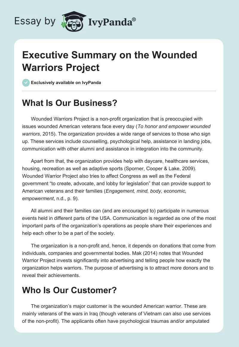 Executive Summary on the Wounded Warriors Project. Page 1
