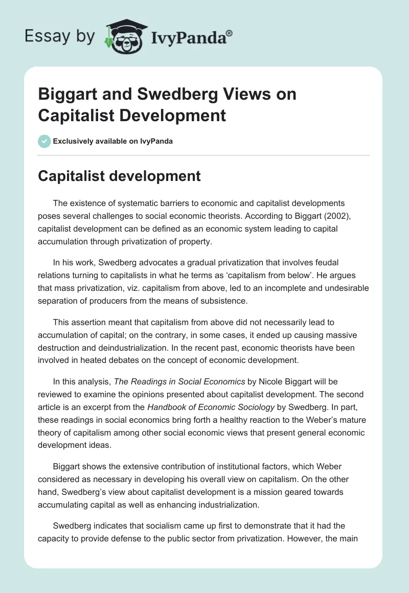 Biggart and Swedberg Views on Capitalist Development. Page 1