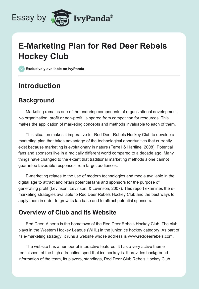 E-Marketing Plan for Red Deer Rebels Hockey Club. Page 1