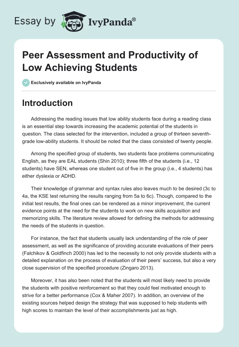 Peer Assessment and Productivity of Low Achieving Students. Page 1