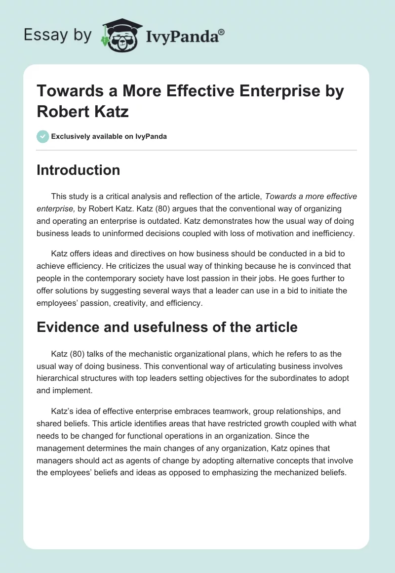 "Towards a More Effective Enterprise" by Robert Katz. Page 1