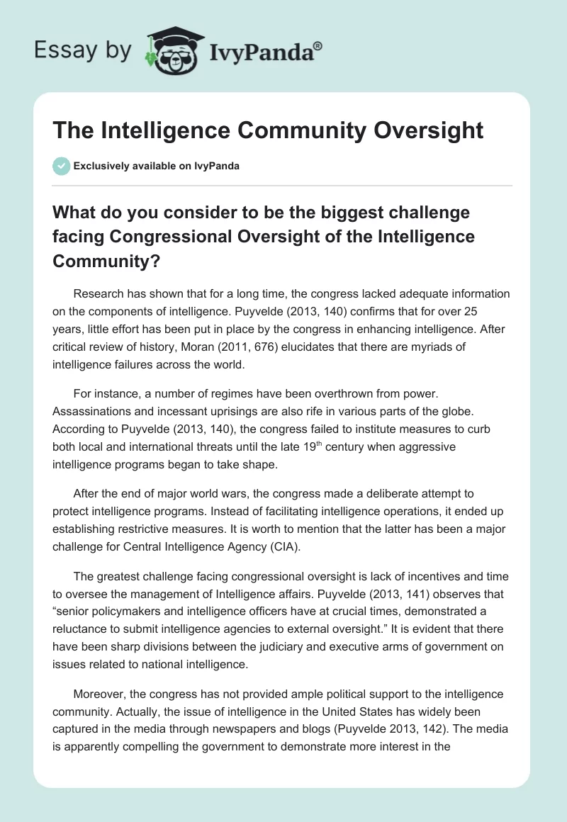 The Intelligence Community Oversight. Page 1