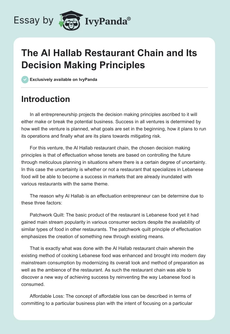 The Al Hallab Restaurant Chain and Its Decision Making Principles. Page 1