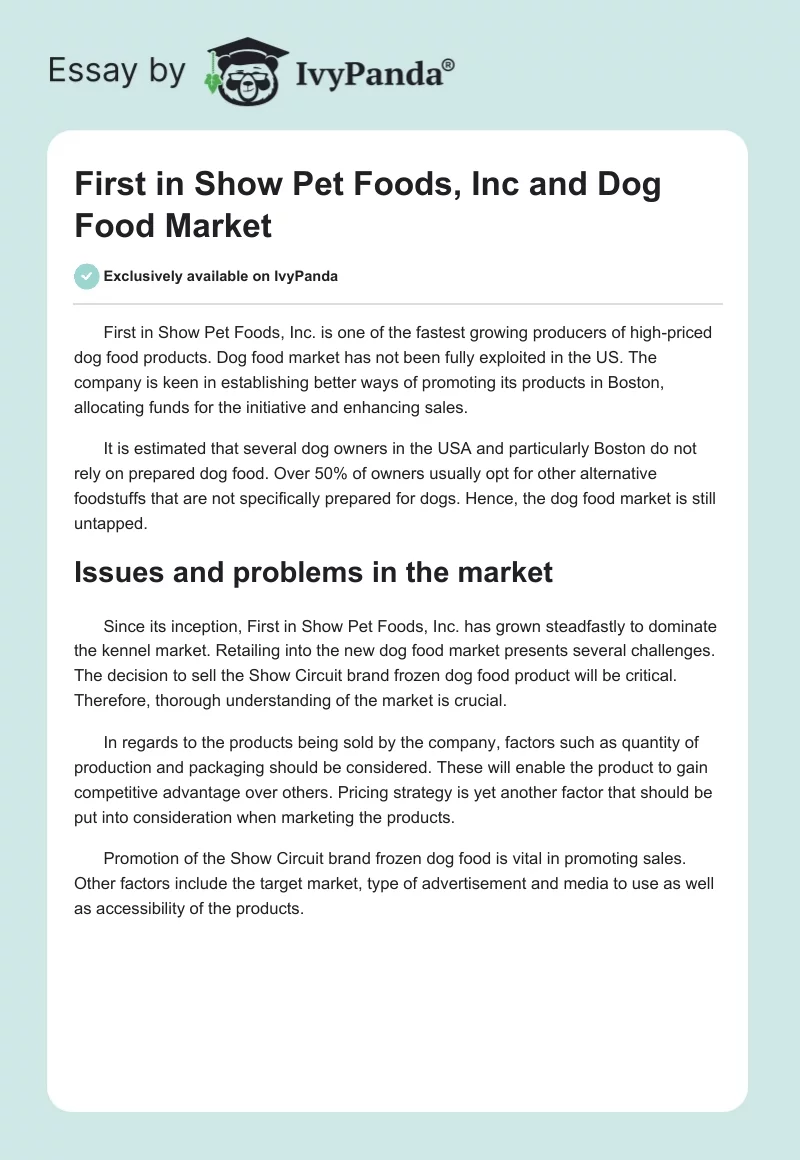 First in Show Pet Foods, Inc and Dog Food Market. Page 1